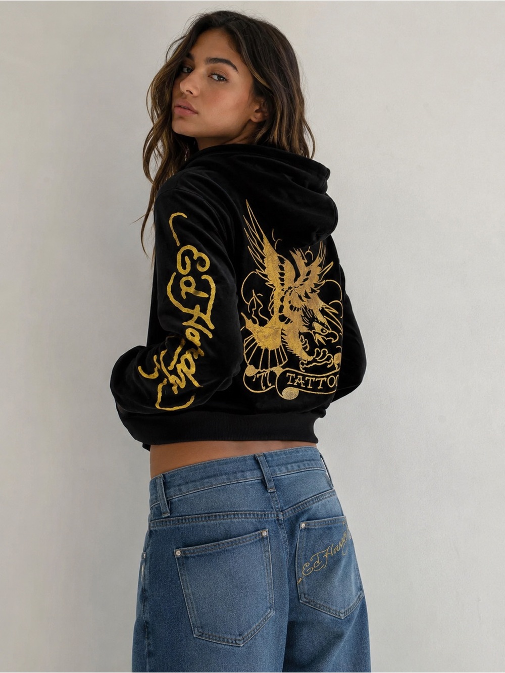 NWT Ed Hardy Black Gold Velour Tattoo Zip Hoodie XL Y2K